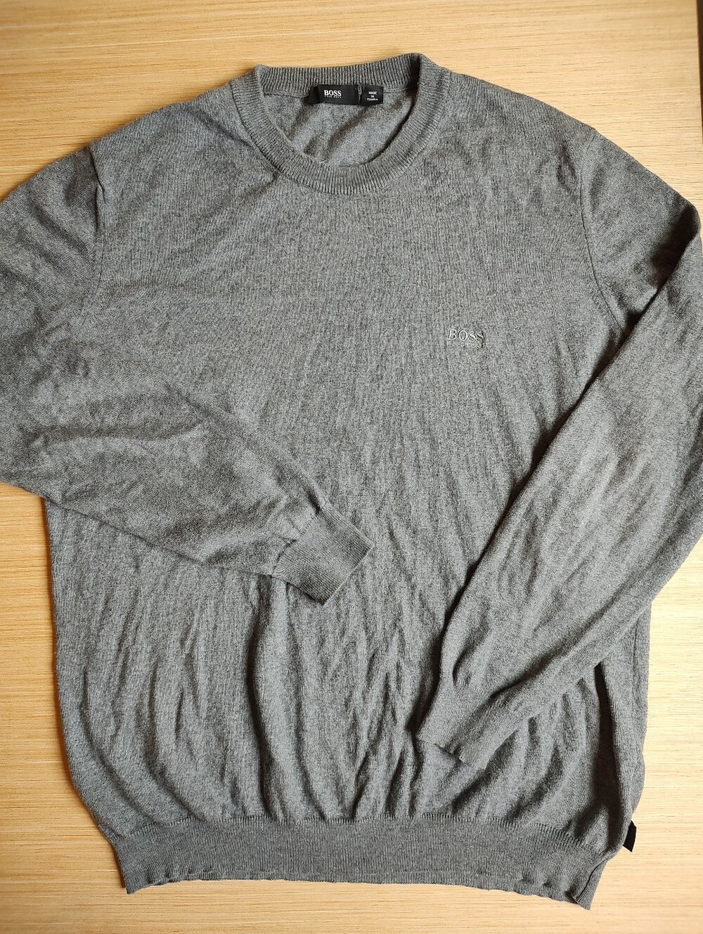 Boss Hugo Boss Pullover Cotton Wool Knit Men's Grey Logo Sweater XL Long Sleeve